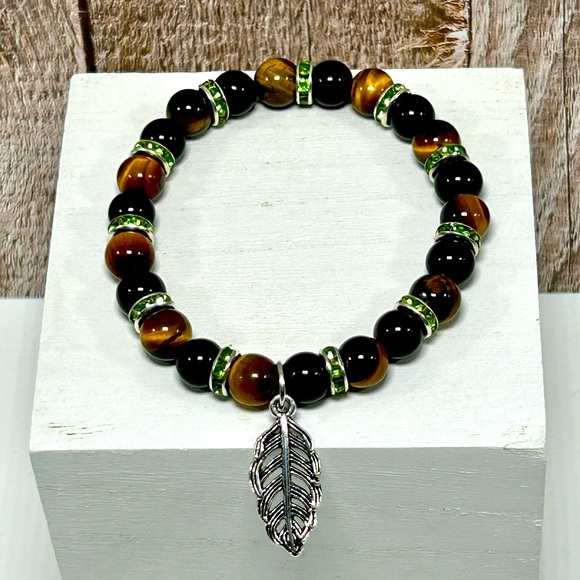 Handmade Feather Charm Bracelet with Natural Tiger Eye Stones! - Picture 5 of 8